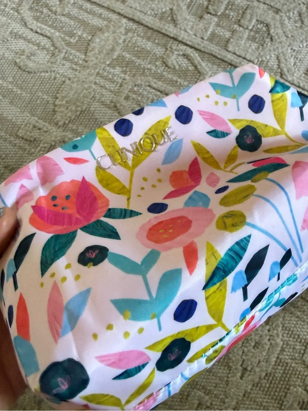New Clinique Floral Makeup Bag - Pink, Blue & Green zippered pouch